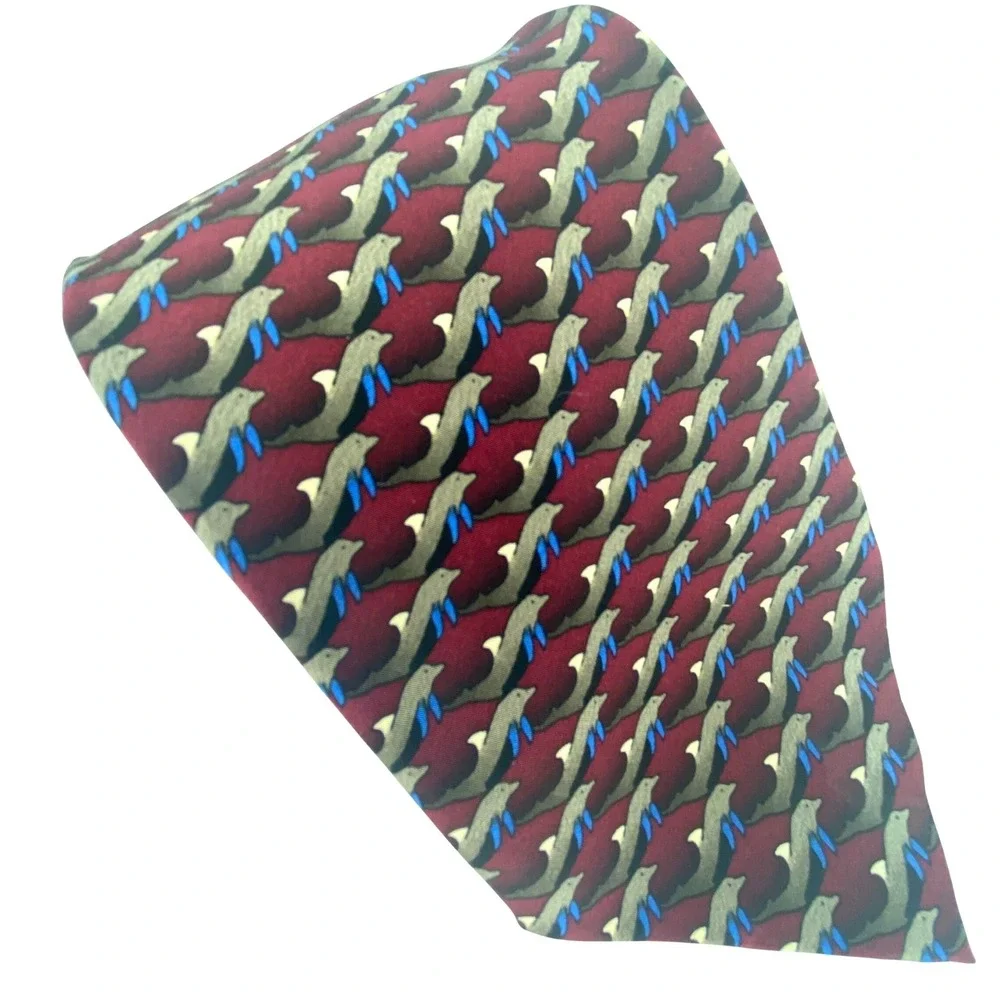 Ties to Nature Mens Neck Tie Burgundy Dolphin Porpoise Pattern Novelty Silk 59x4